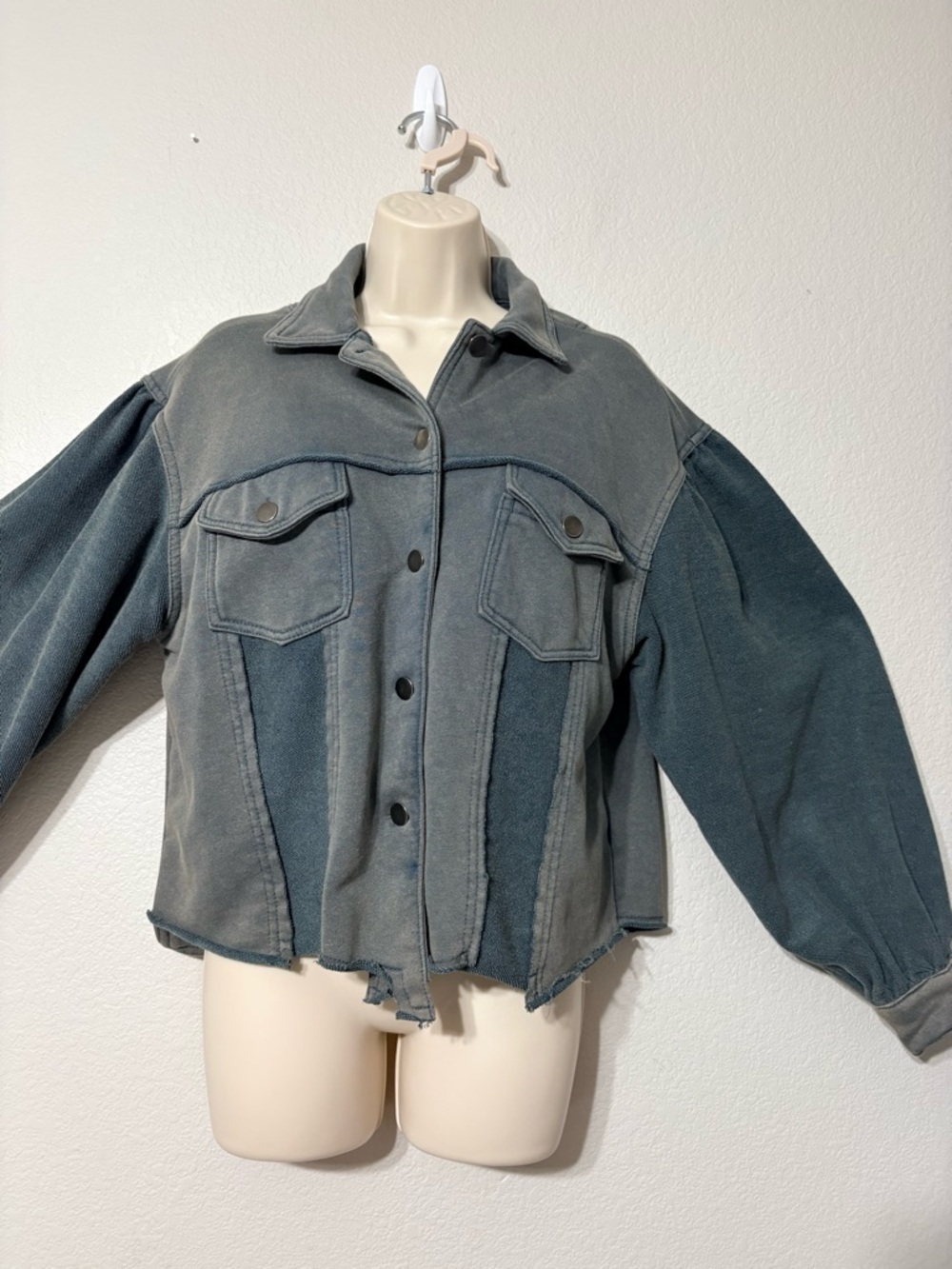 Vici Cropped Teal Blue Green Patchwork Terry Jacket Lightweight Ballon Sleeves S - Picture 3 of 16
